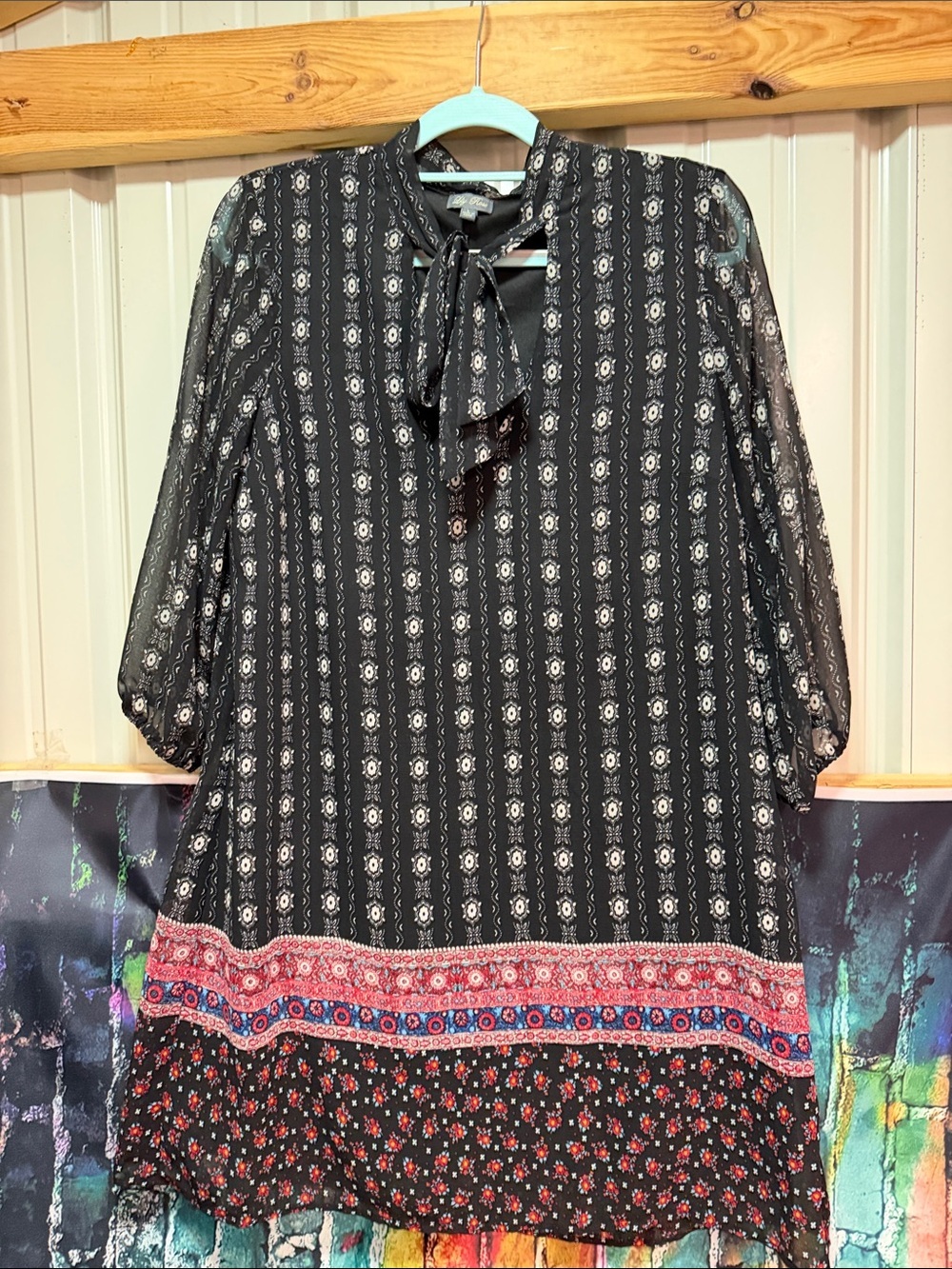 Lily Rose Black and Red Mixed-Print Tie-Neck Dress